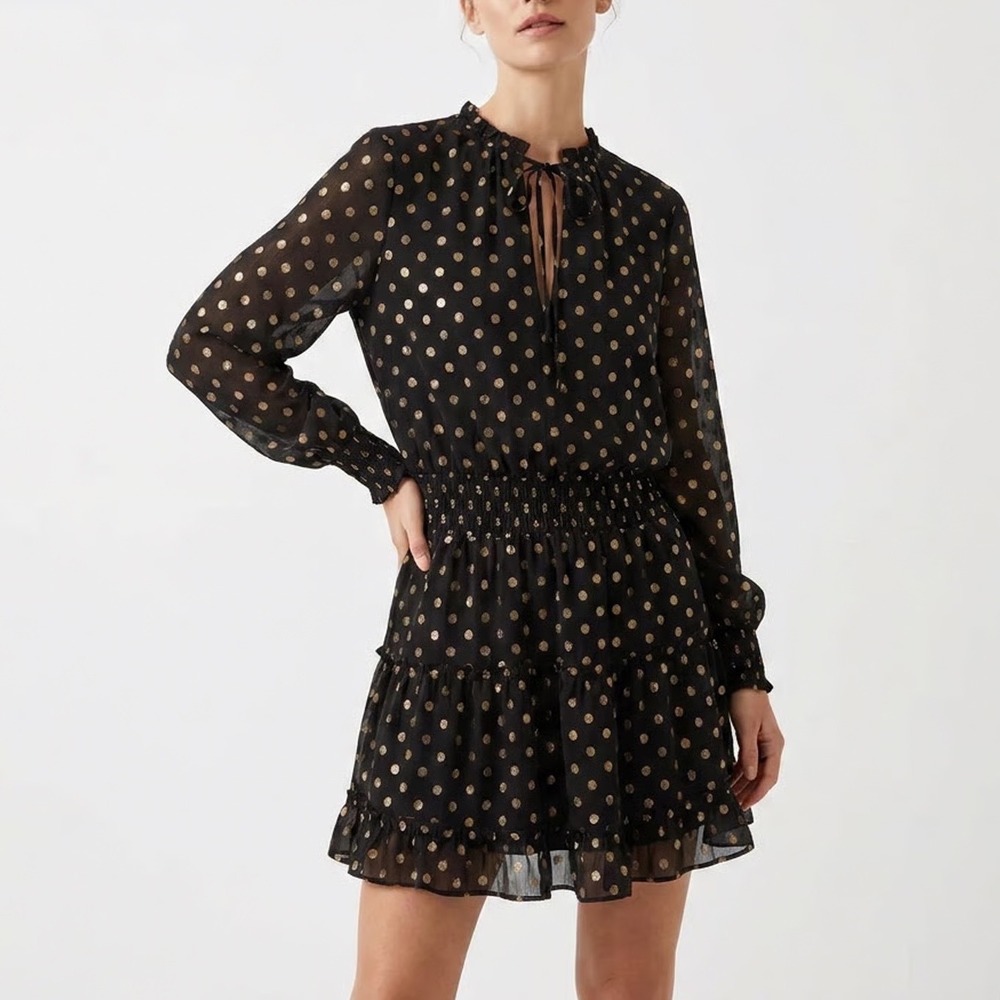 Aeom Black Gold Metallic Polka Dot Smocked Tiered Mini Dress Large